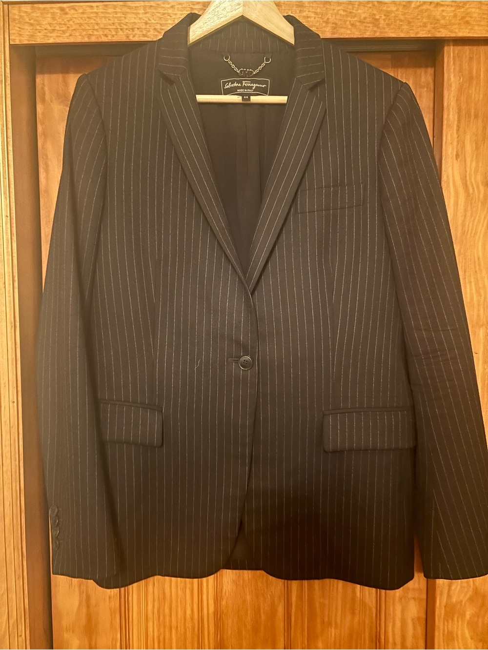 Salvatore Ferragamo Black Pinstripe Single-Button Blazer